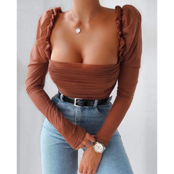 Penelope Puff Sleeve Ruched Mesh Blouse