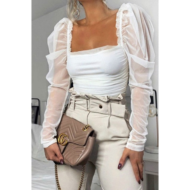 Penelope Puff Sleeve Ruched Mesh Blouse