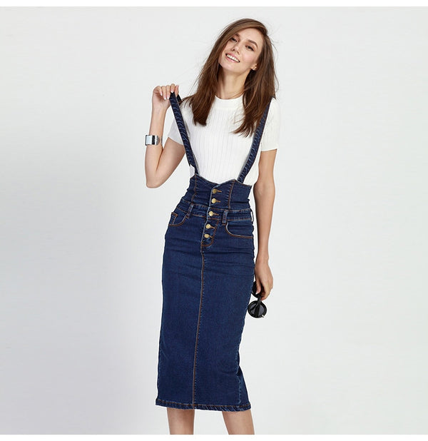 Long Denim Skirt With Straps Button Jeans