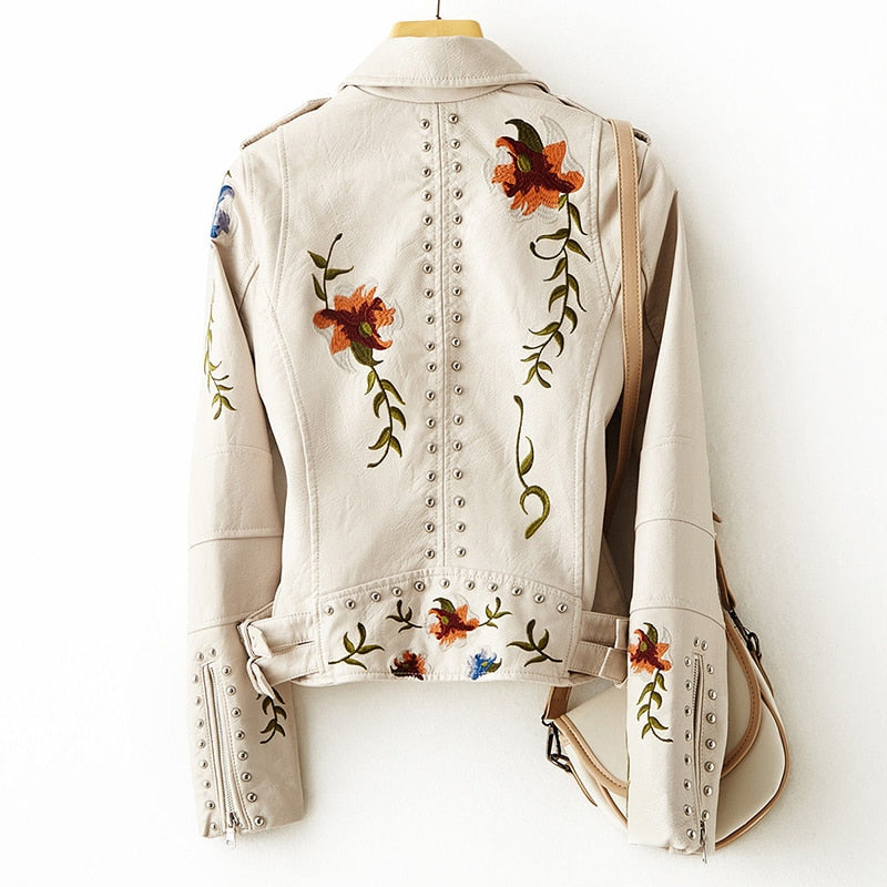 Embroidery Faux Soft Leather Jacket