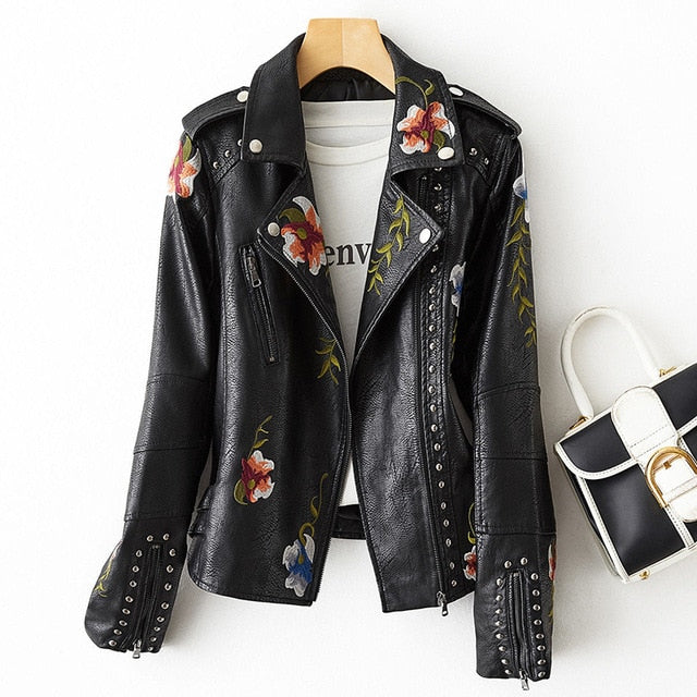 Embroidery Faux Soft Leather Jacket